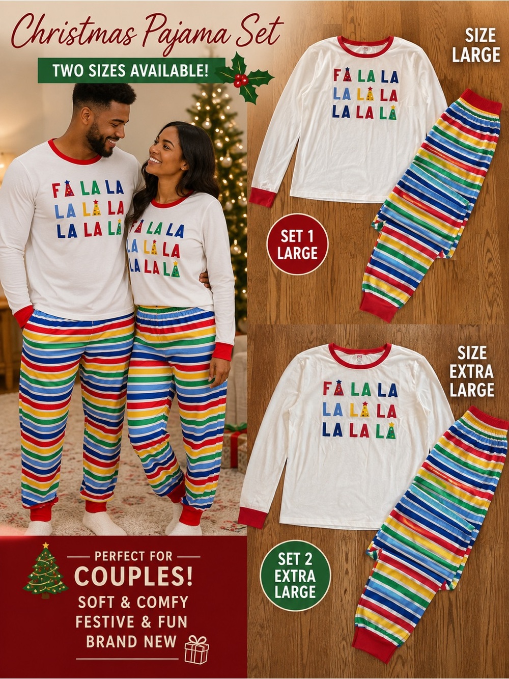 PJ Place Christmas Pajama Set Womenโs XL Fa La La Rainbow Stripe NWT